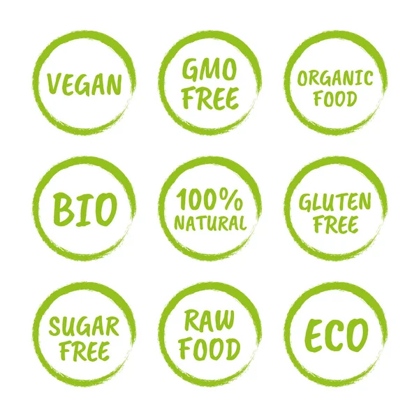 Organic product icons, natural food labels, healthy tags for vegans — Stock Vector