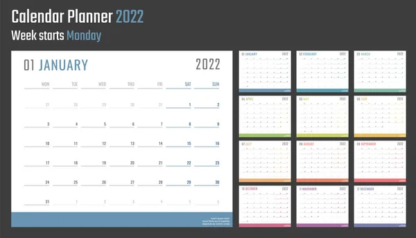 2022 calendario de años, el diseño del calendario para 2022 comienza el lunes Ilustración De Stock