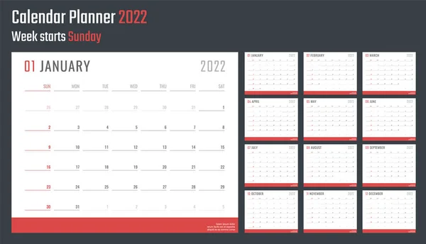 Calendario para 2022 comienza el domingo, diseño del calendario vectorial 2022 año Ilustraciones De Stock Sin Royalties Gratis