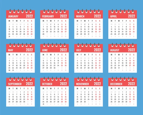 Calendario per 2022 inizia lunedì, progettazione calendario vettoriale 2022 anno — Vettoriale Stock