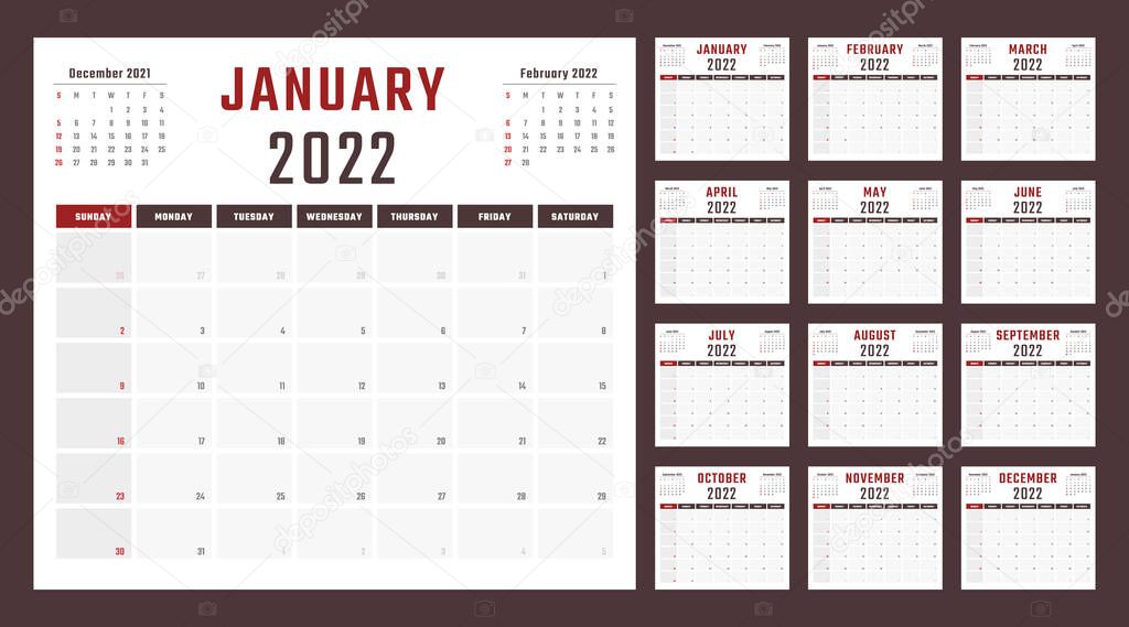calendar for 2022 starts sunday, vector calendar design 2022 year