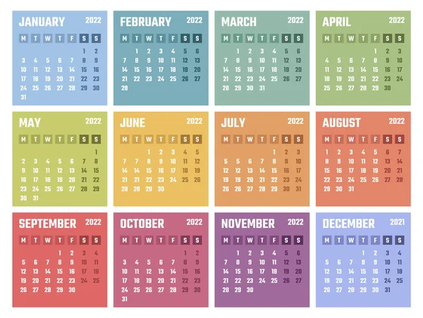 2022 ano calendário, design de calendário para 2022 começa segunda-feira —  Vetores de Stock