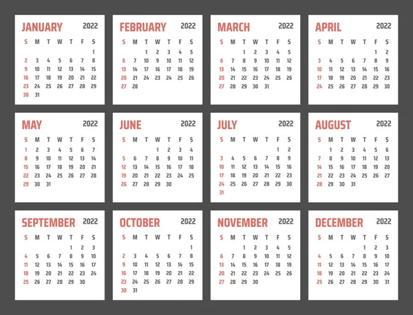 Calendario 2022 anno, la progettazione del calendario per 2022 inizia domenica — Vettoriale Stock