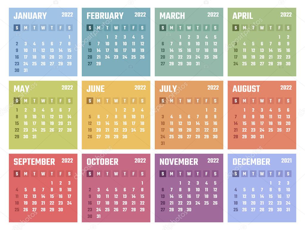 2022 year calendar, calendar design for 2022 starts sunday