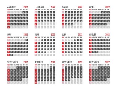 2022 yıllık takvim, 2022 yılı takvim tasarımı Pazar günü başlıyor