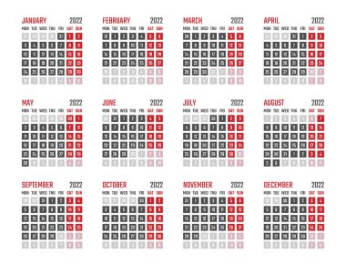 2022 yıllık takvim, 2022 takvim tasarımı Pazartesi başlıyor