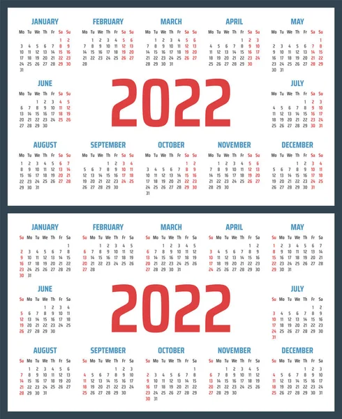 Kalender untuk 2022 dimulai Minggu dan Senin, desain kalender vektor 2022 tahun - Stok Vektor