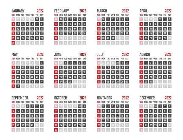 2022 year calendar, calendar design for 2022 starts sunday — Stock Vector