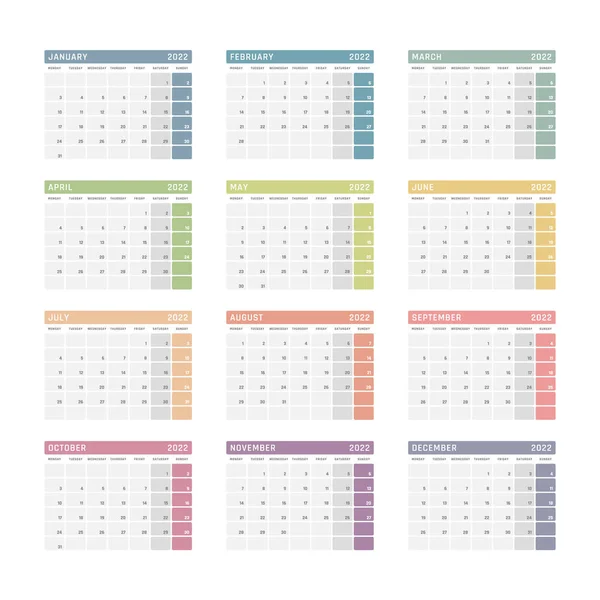 2022 calendario de años, el diseño del calendario para 2022 comienza el lunes — Vector de stock