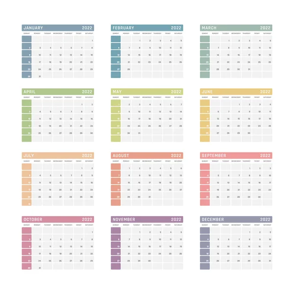 2022 calendario del año, diseño del calendario para 2022 comienza el domingo — Vector de stock