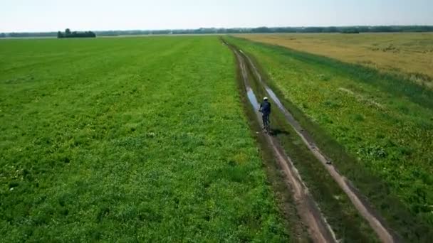 Antenne: Jongeman fietsen op fiets op landelijke weg door groene en gele veld. — Stockvideo