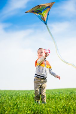 Genç çocuk onun uçurtma yeşil alan ile oynarken.