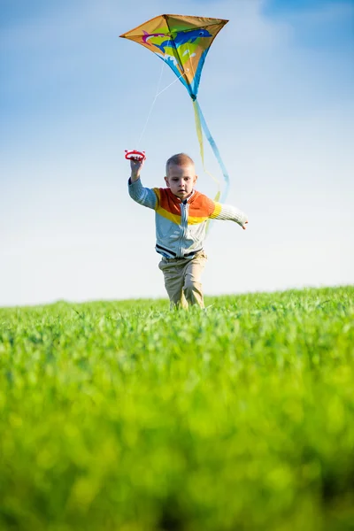 年轻男孩玩耍着他的风筝在绿色的原野. — 图库照片
