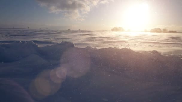 Tormenta de nieve, viento y sol. Ártico frío. Nieve congelada deriva . — Vídeos de Stock