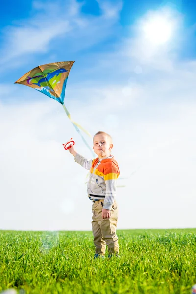 Genç çocuk onun uçurtma yeşil alan ile oynarken.