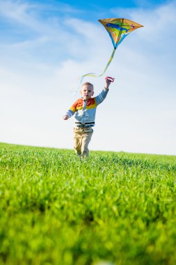 Genç çocuk onun uçurtma yeşil alan ile oynarken.