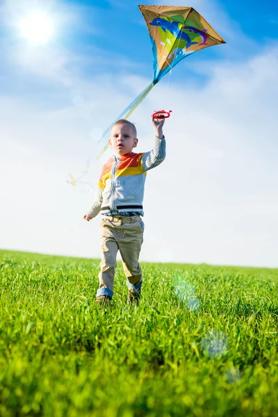 Junge spielt mit seinem Drachen auf der grünen Wiese. — Stockfoto