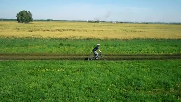 Antenn: Ung man cykla på cykel på lantlig väg genom gröna och gula fält. — Stockvideo