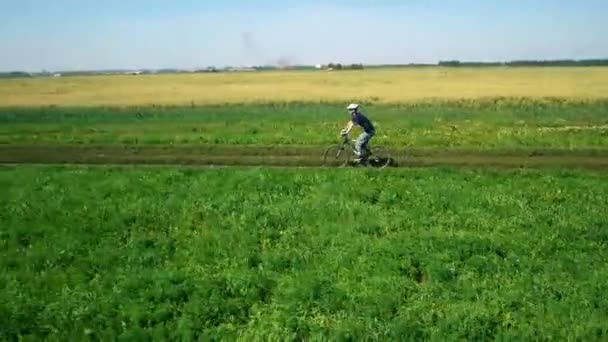 AERIAL: Joven ciclista en bicicleta en camino rural por campo verde y amarillo . — Vídeo de stock