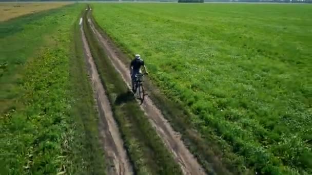 AEREO: Giovane in bicicletta su strada rurale attraverso il campo verde e giallo . — Video Stock