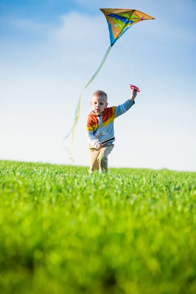 Молодий хлопчик грає зі своїм змієм у зеленому полі . — стокове фото