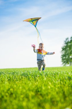 Genç çocuk onun uçurtma yeşil alan ile oynarken.
