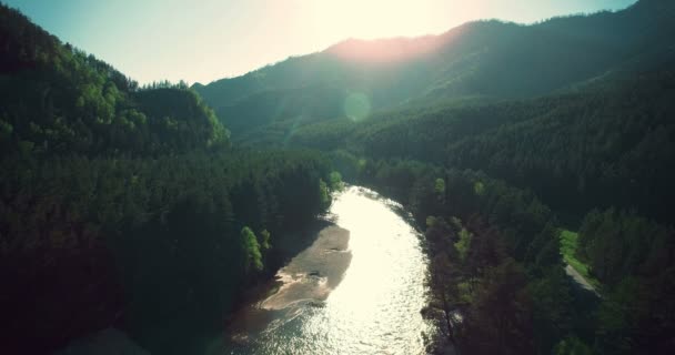 Vista aérea 4k UHD. Vuelo bajo sobre el río fresco de montaña fría en la soleada mañana de verano . — Vídeo de stock