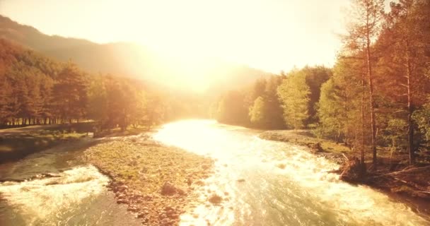 4k UHD vista aerea. Basso volo sul fresco fiume di montagna freddo al soleggiato mattino d'estate . — Video Stock