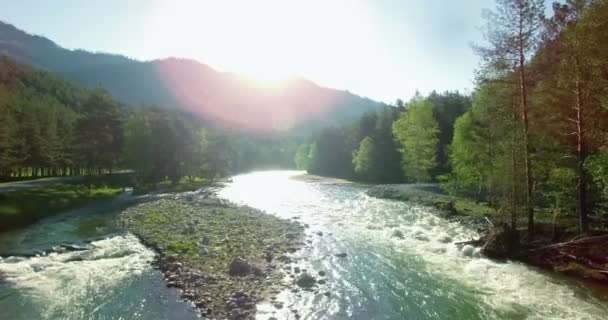 4k UHD aerial view. Low flight over fresh cold mountain river at sunny summer morning. — Stock Video