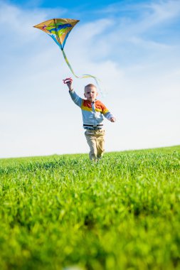 Genç çocuk onun uçurtma yeşil alan ile oynarken.