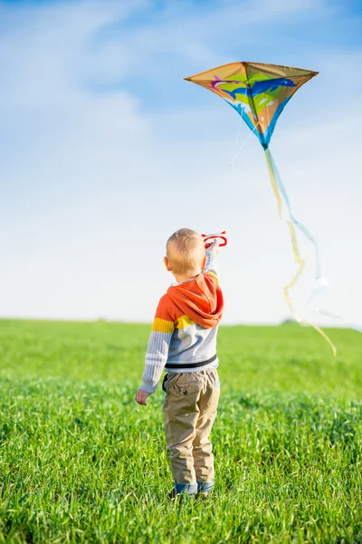 Jongen speelt met zijn kite in een groen veld. — Stockfoto