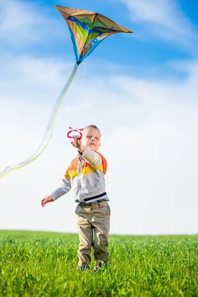 Junge spielt mit seinem Drachen auf der grünen Wiese. — Stockfoto