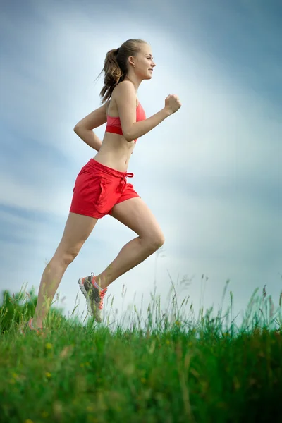 Young woman running summer park rural road. Outdoor exercises. J — Stock Photo, Image