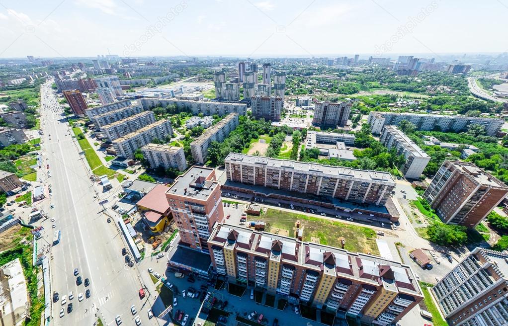 Aerial city view. Urban landscape. Copter shot. Panoramic image.