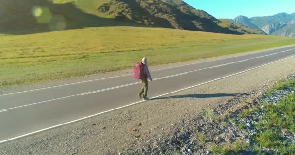 Asfalt yolda yürüyen otostopçu turist üzerinden uçuş. Yaz günü büyük bir kırsal vadi. Sırt çantalı gezgin.. — Stok video