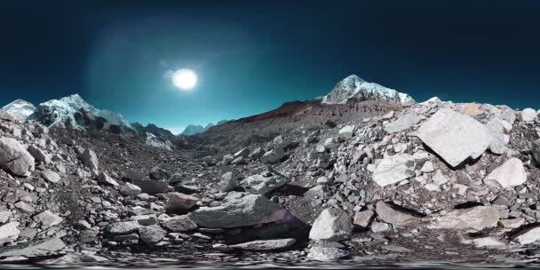 360 vr of the Everest Base camp at Khumbu glacier. Khumbu valley, Sagarmatha national park, Nepal of the Himalayas. EBC track route near Gorak Shep. — Stock Video