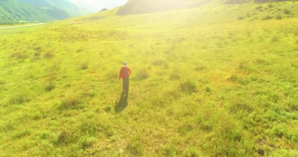 Vuelo sobre mochila senderismo turista caminando a través de campo de montaña verde. Gran valle rural en el día de verano. — Vídeo de stock