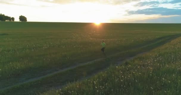 Спортивный ребенок бегает по зеленому пшеничному полю. Вечерние спортивные тренировки на сельском лугу. Счастливое детство это здоровый образ жизни. Радиальное движение, солнечные лучи и трава. — стоковое видео