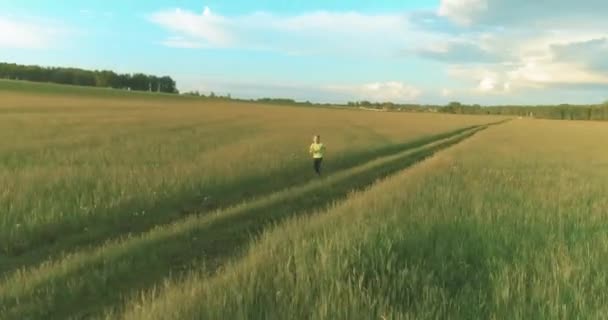 Sportigt barn springer genom ett grönt vetefält. Kvällsträning på landsbygden. En lycklig barndom är ett hälsosamt sätt att leva. Radiella rörelser, solstrålar och gräs. — Stockvideo