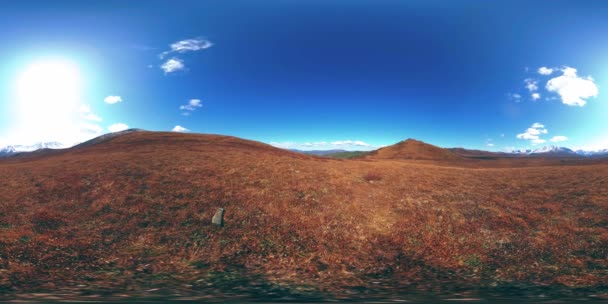 360 Vr του λόφου timelapse λιβάδι το καλοκαίρι ή το φθινόπωρο. Άγρια ατελείωτη φύση και αγροτικό πεδίο. Ηλιαχτίδες πάνω από πράσινο γρασίδι. — Αρχείο Βίντεο