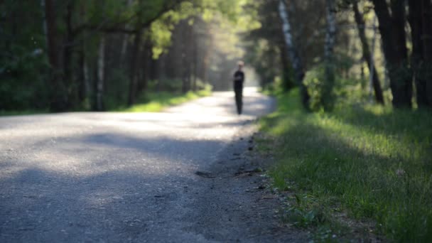 Sport man som springer på asfalterad väg. Landsbygdspark. Gröna träd skog och solstrålar vid horisonten. — Stockvideo