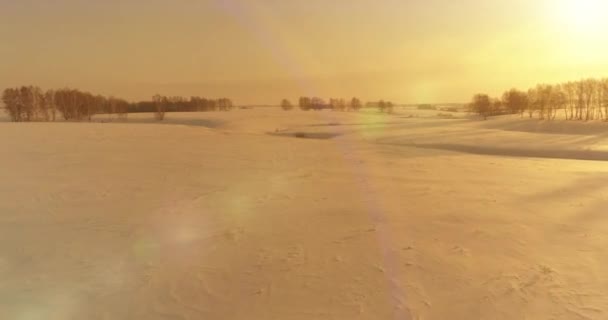 Αεροφωτογραφία του τοπίου του παγωμένου αρκτικού πεδίου, δέντρα με παγωμένο χιόνι, παγωμένο ποτάμι και ακτίνες του ήλιου πάνω από τον ορίζοντα. Ακραίος καιρός χαμηλής θερμοκρασίας. — Αρχείο Βίντεο