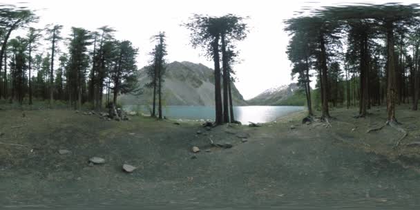 Lac de montagne 360 vr en été ou en automne. Nature sauvage et vallée de montagne rurale. Forêt verte de pins et nuages rapides sur le ciel. — Video