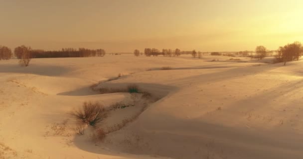 从空中俯瞰寒冷的北极田野，冰雪覆盖的树木，冰河和地平线上的太阳光。极端低温天气. — 图库视频影像