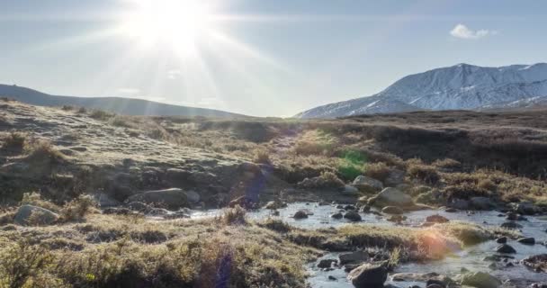 Mountain meadow timelapse at the summer or autumn time. Wild nature and rural valley. Sun rays, small creek and yellow grass. Dolly slider movement — Stock Video