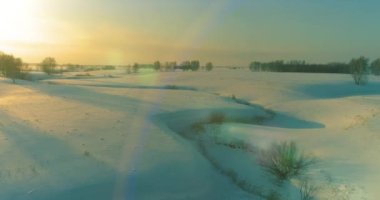 Soğuk arktik alan manzarası, karlı ağaçlar, buz nehri ve ufukta güneş ışınları. Aşırı düşük sıcaklık havası.