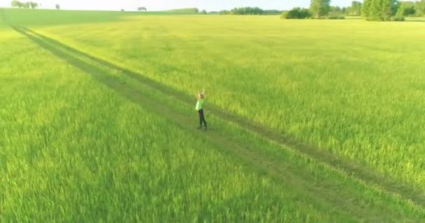Спортивна дитина, що стоїть на полі зеленої пшениці з піднятими руками вгору. Вечірні спортивні тренування на сільському лузі. Щасливе дитинство це здоровий спосіб життя. Радіальний рух панорами, сонячні промені і — стокове відео