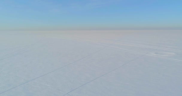 Luftfoto af koldt vinterlandskab arktisk mark, træer dækket med frostsne, isflod og solstråler over horisonten. Ekstrem lav temperatur vejr. – Stock-video