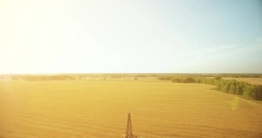 Yüksek voltajlı elektrik kulesi ve yeşil ve sarı alandaki elektrik hatları yakınında dikey hareket.