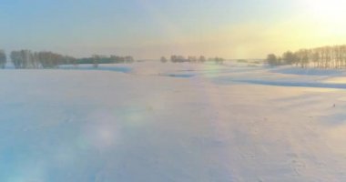 Soğuk arktik alan manzarası, karlı ağaçlar, buz nehri ve ufukta güneş ışınları. Aşırı düşük sıcaklık havası.